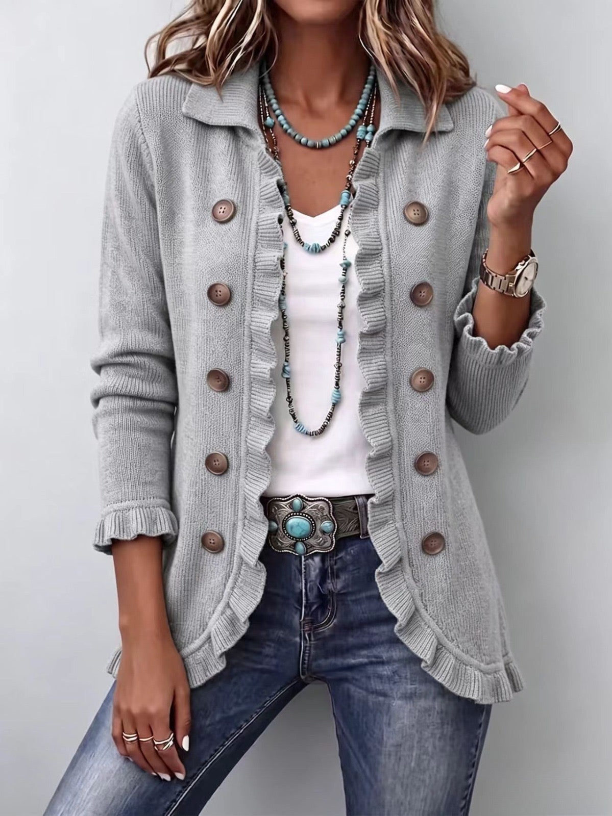 Eloísa | Chaqueta de punto gris jaspeado con volantes
