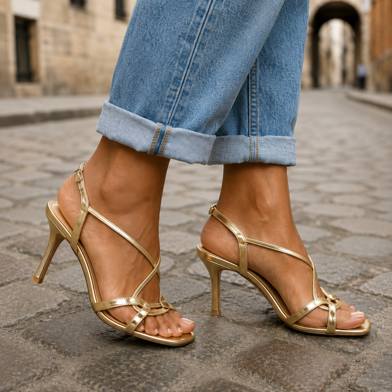 Valeria™ | Sandalias doradas de tacón elegante