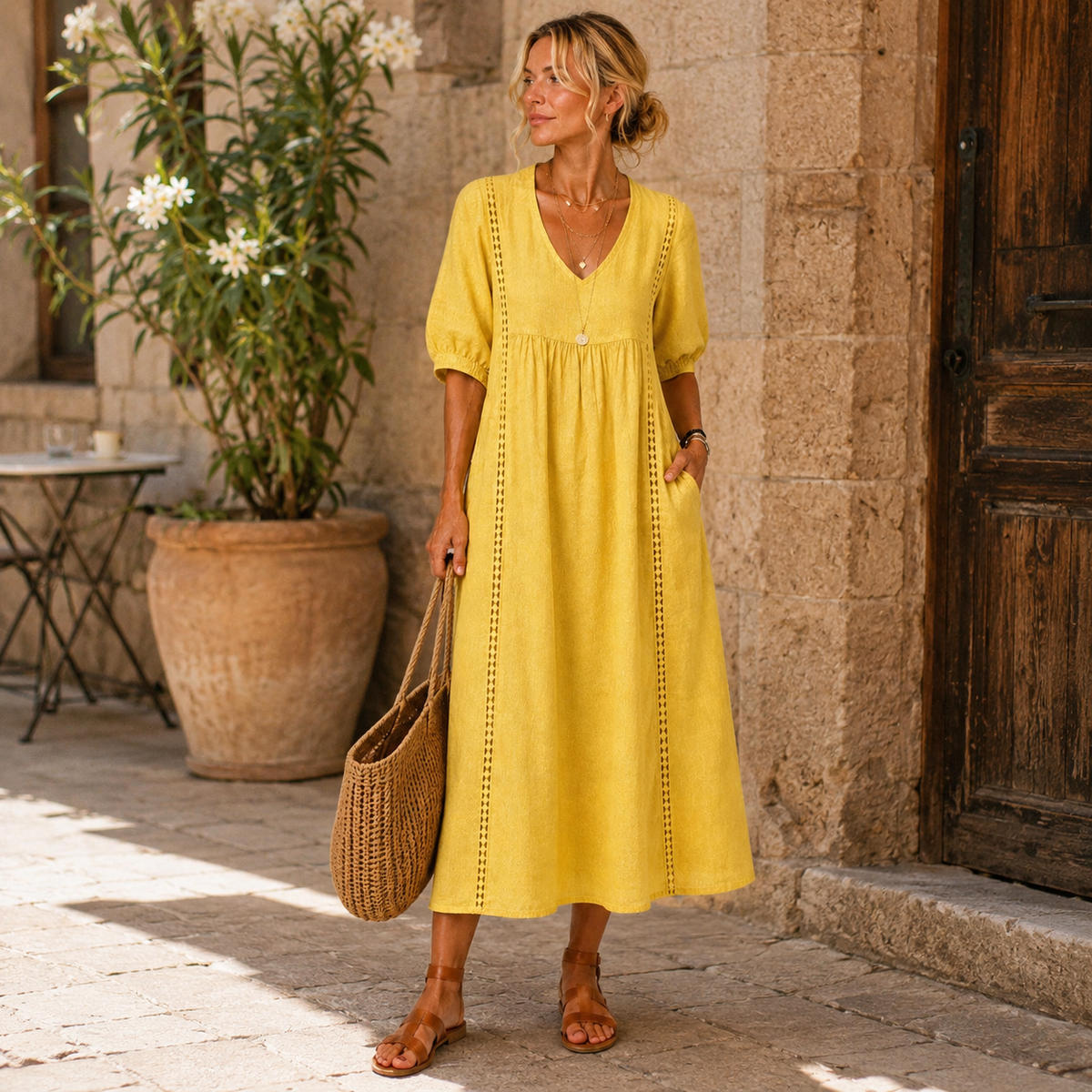 Sefi | Vestido de lino con detalles calados