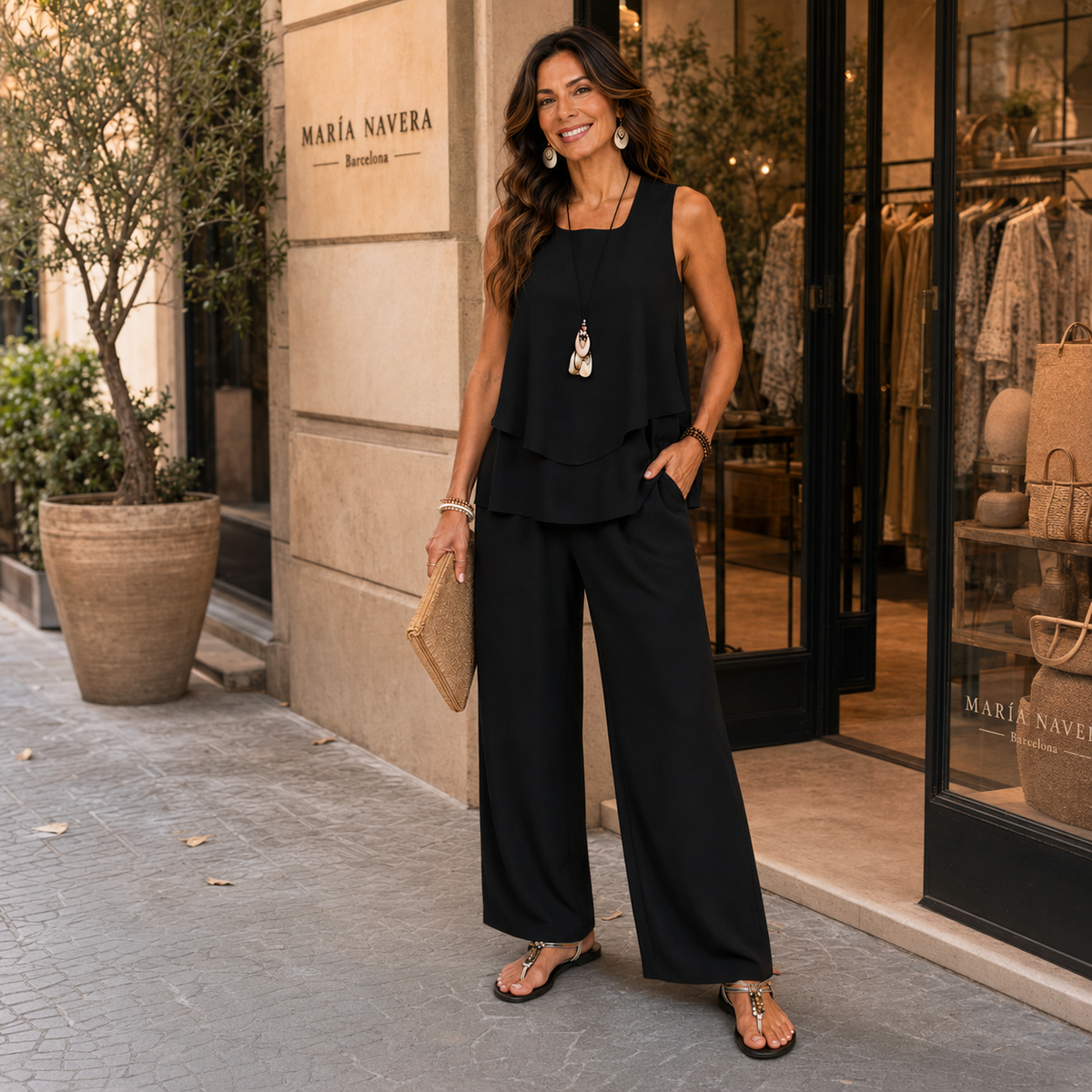 Eloísa™ | Conjunto Negro Top en Capas y Pantalón Ancho