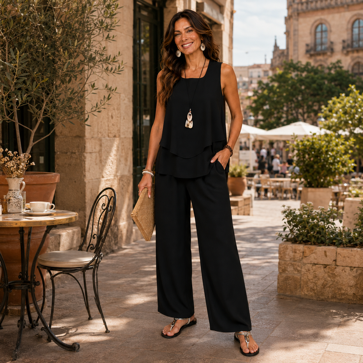 Eloísa™ | Conjunto Negro Top en Capas y Pantalón Ancho