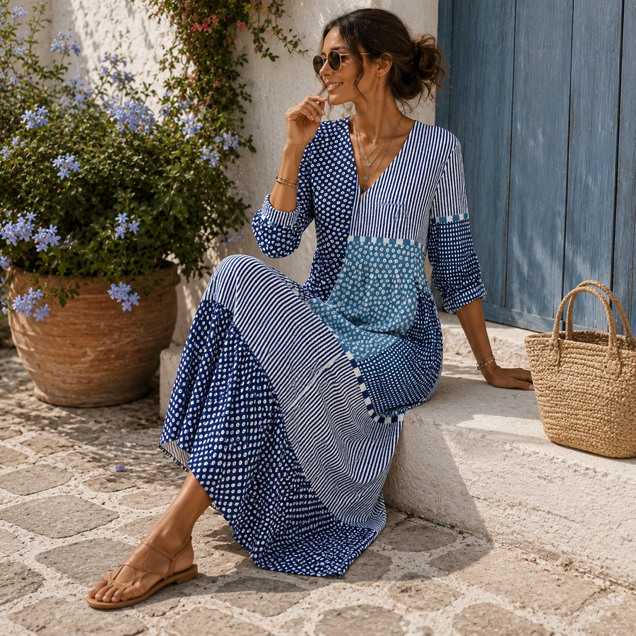 Clemencia | Vestido largo con mosaico azul