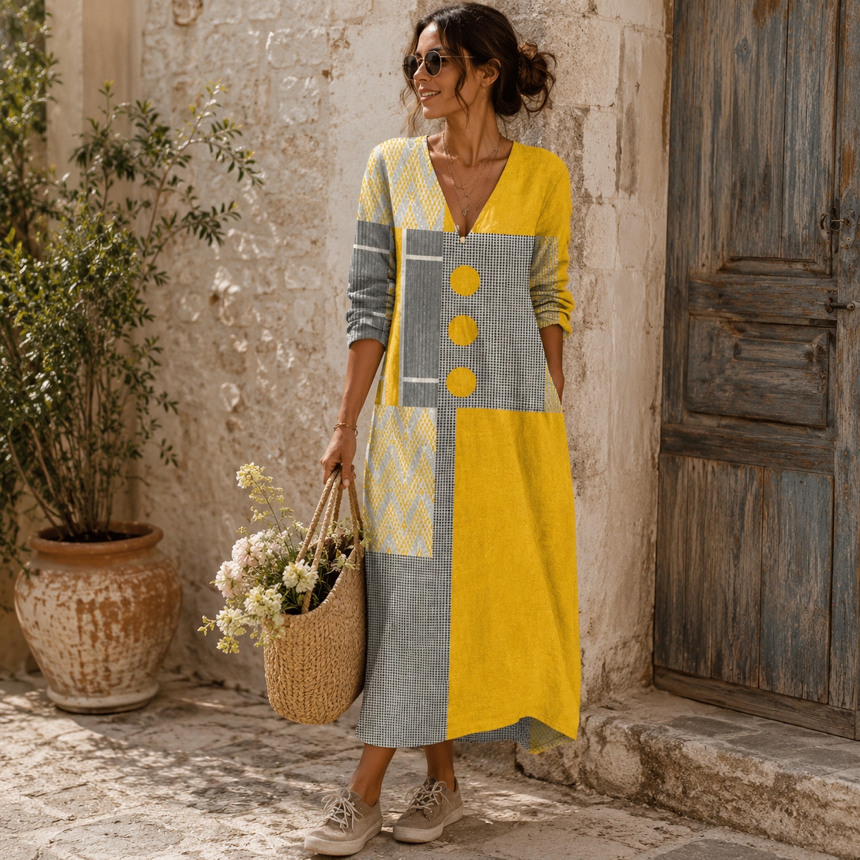 Rosalía | Vestido largo abotonado con estampado de colores