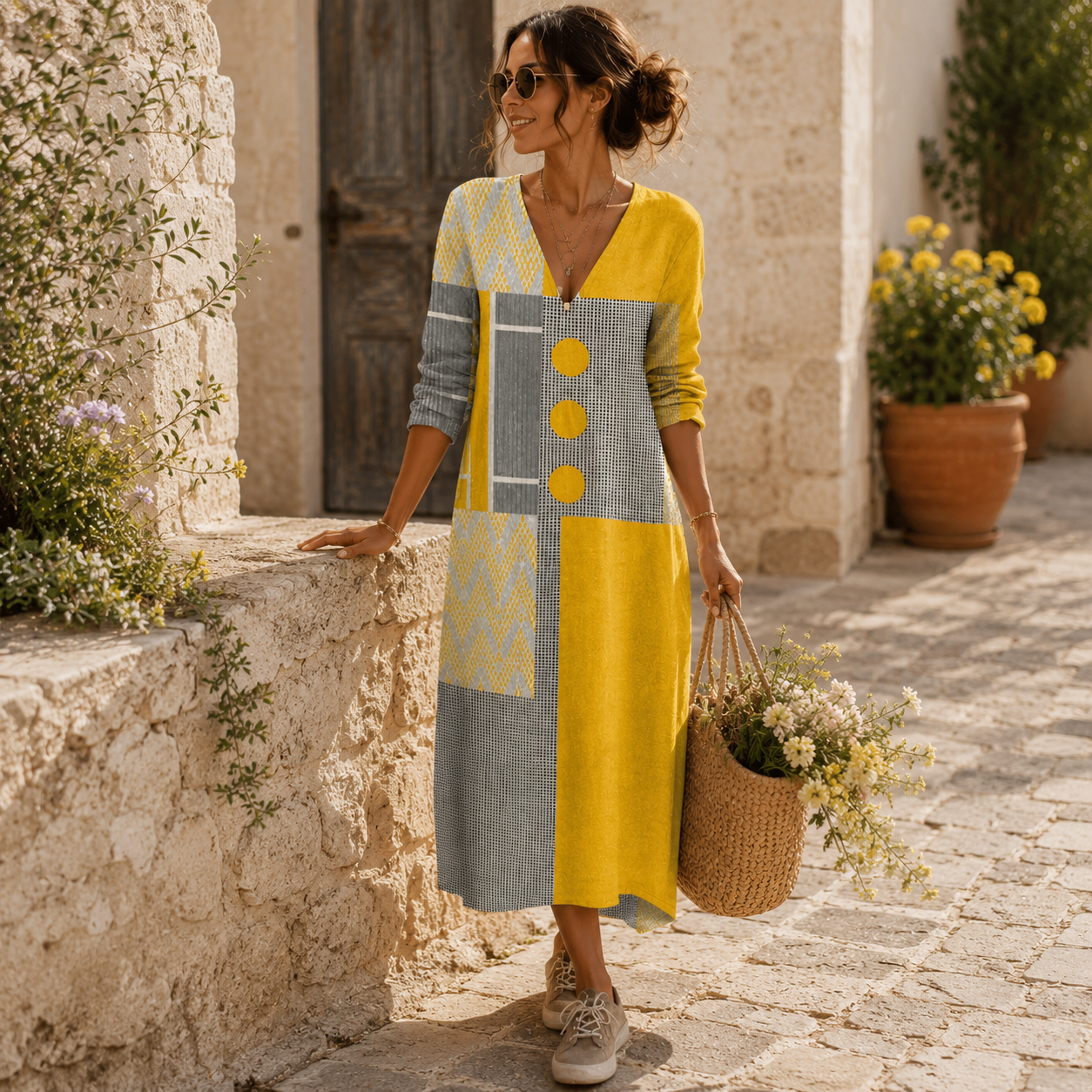 Rosalía | Vestido largo abotonado con estampado de colores