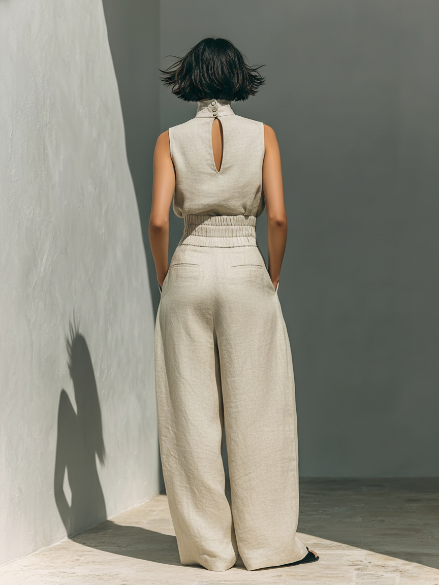 Conjunto Minimalista de Blusa Sin Mangas y Pantalón Ancho de Algodón y Lino