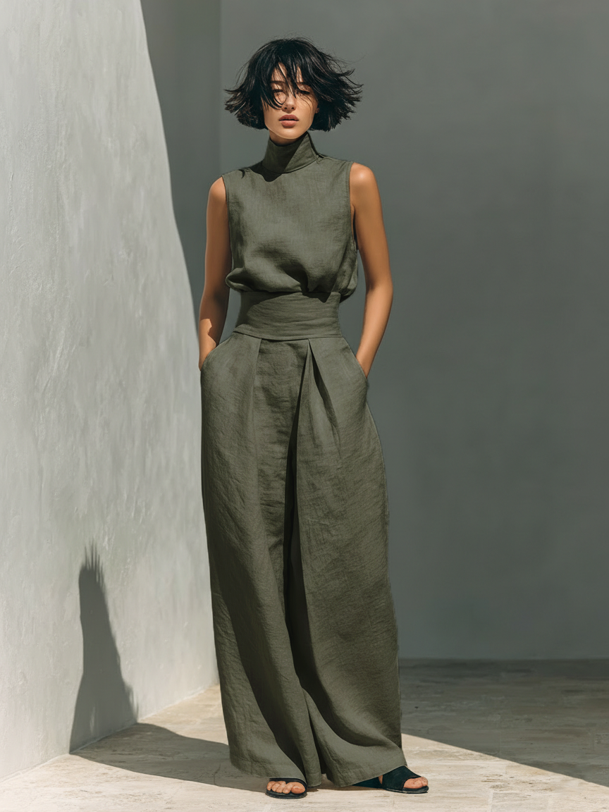 Conjunto Minimalista de Blusa Sin Mangas y Pantalón Ancho de Algodón y Lino