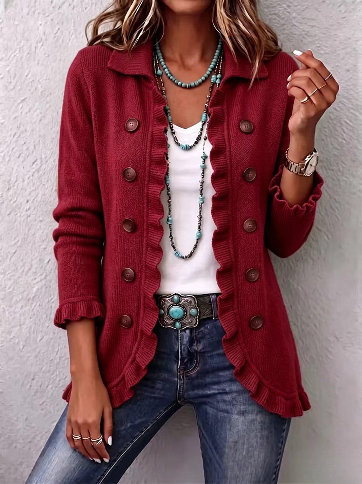 Rosalía | Chaqueta de punto rubí con encanto vintage